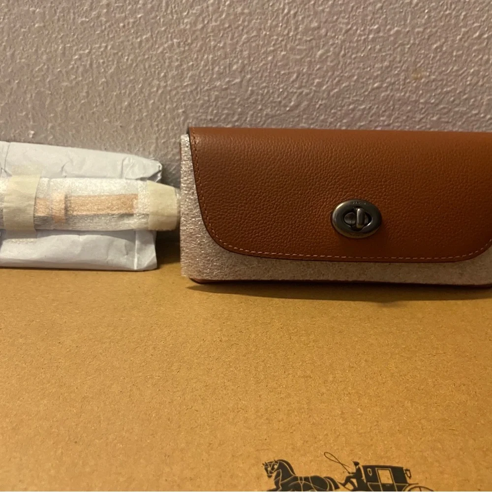NWT Coach Brown Leather Sunglasses Case with Yellow Strap